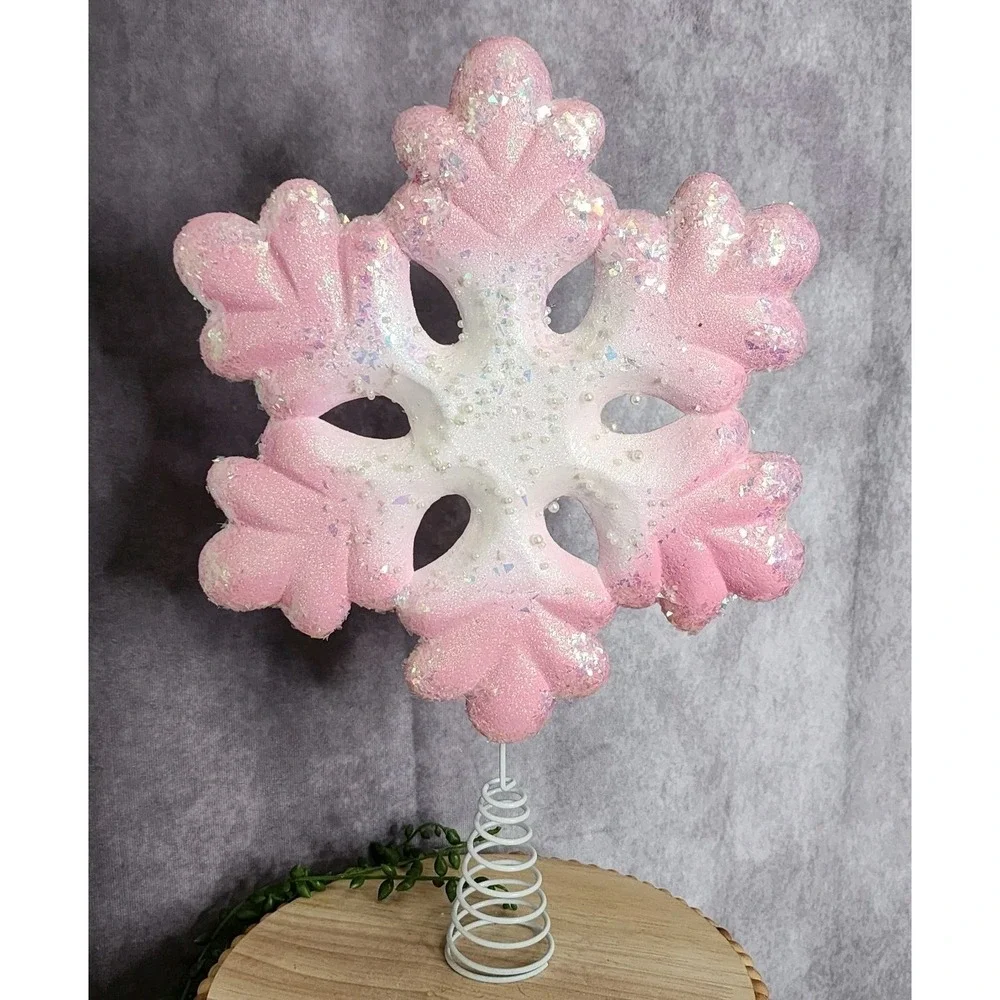 Pink & White Beaded Snowflake Christmas Tree Topper 15.5